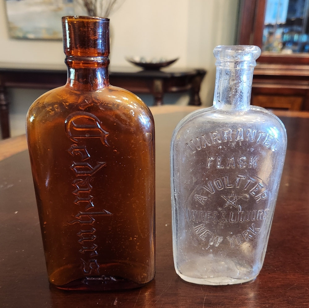 2 Vintage Flasks, CEDARHURST & WARRANTED A. VOLTER